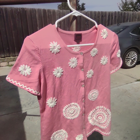 VTG color works silk button down cardigan short sleeve small silk spandex - Picture 6 of 11